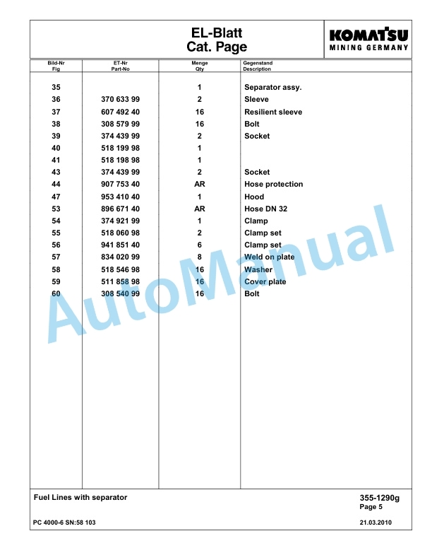 Komatsu PC4000-6 Hydraulic Excavator Parts Manual G58103-2