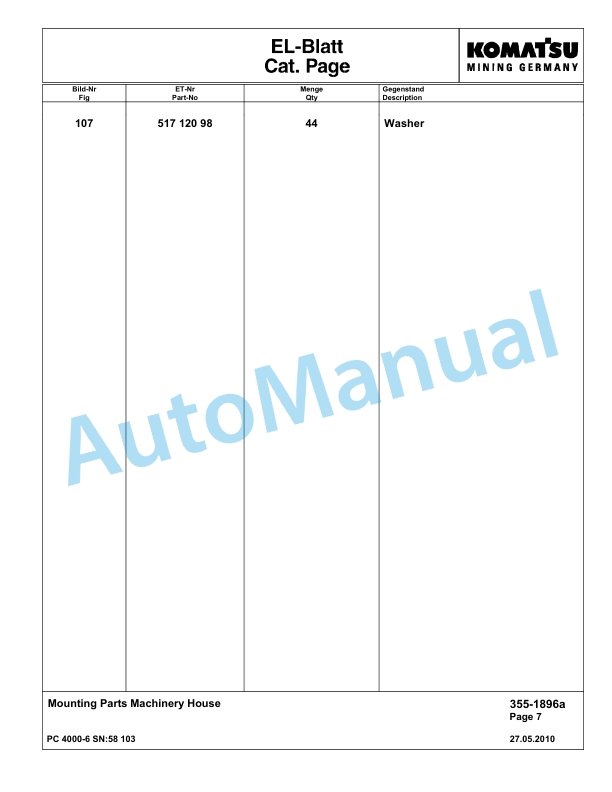 Komatsu PC4000-6 Hydraulic Excavator Parts Manual G58103-3