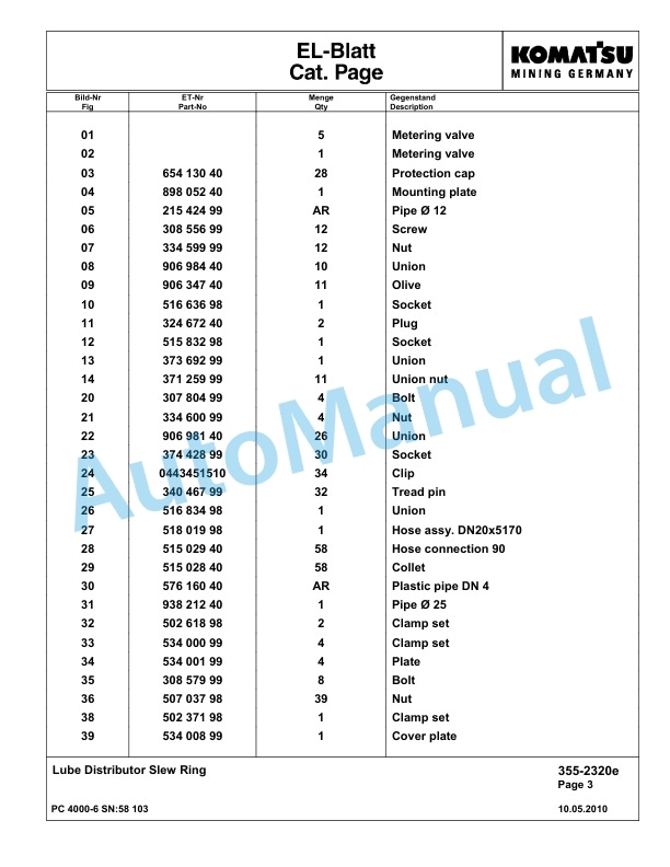 Komatsu PC4000-6 Hydraulic Excavator Parts Manual G58103-4