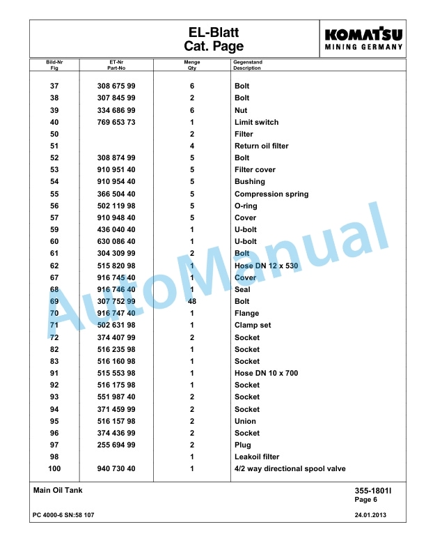 Komatsu PC4000-6 Hydraulic Excavator Parts Manual G58107-2