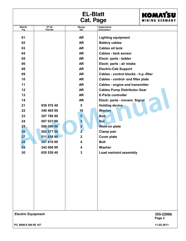 Komatsu PC4000-6 Hydraulic Excavator Parts Manual G58107-3