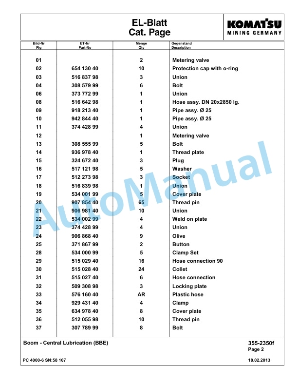 Komatsu PC4000-6 Hydraulic Excavator Parts Manual G58107-4