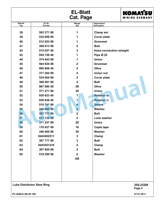 Komatsu PC4000-6 Hydraulic Excavator Parts Manual G58108-4