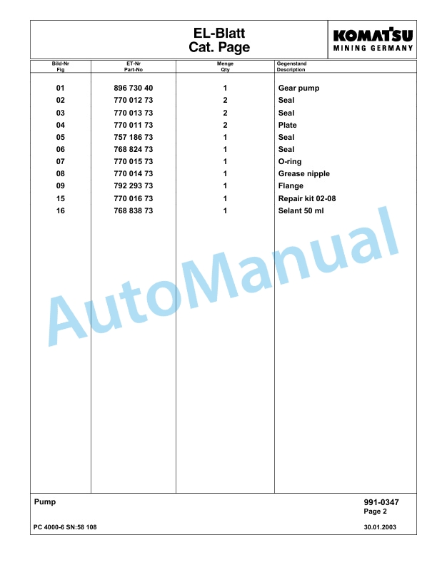 Komatsu PC4000-6 Hydraulic Excavator Parts Manual G58108-5