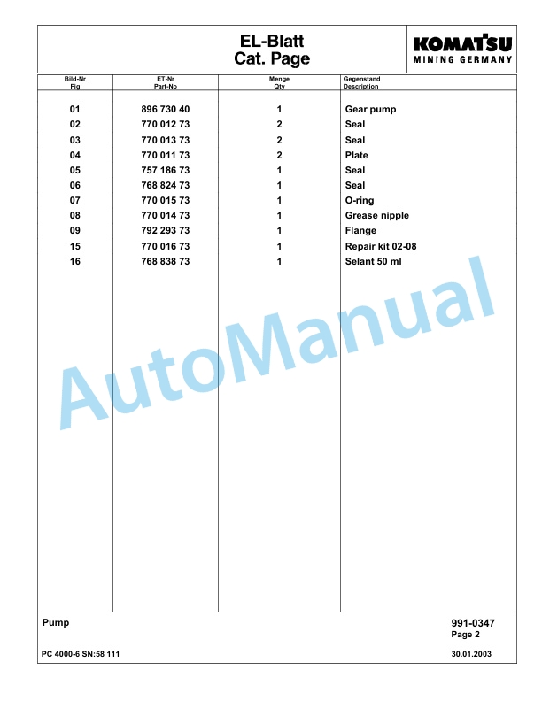 Komatsu PC4000-6 Hydraulic Excavator Parts Manual G58111-5