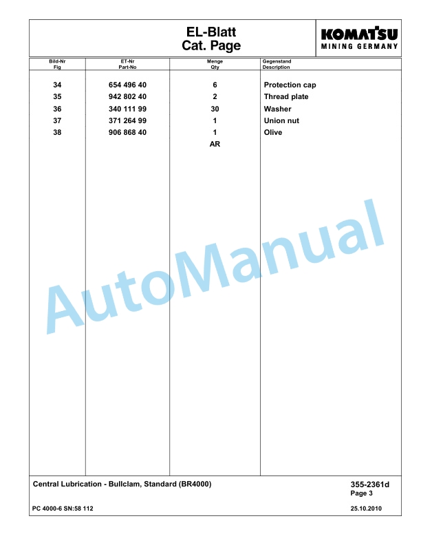 Komatsu PC4000-6 Hydraulic Excavator Parts Manual G58112-4