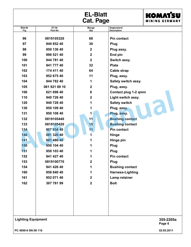 Komatsu PC4000-6 Hydraulic Excavator Parts Manual G58116-3