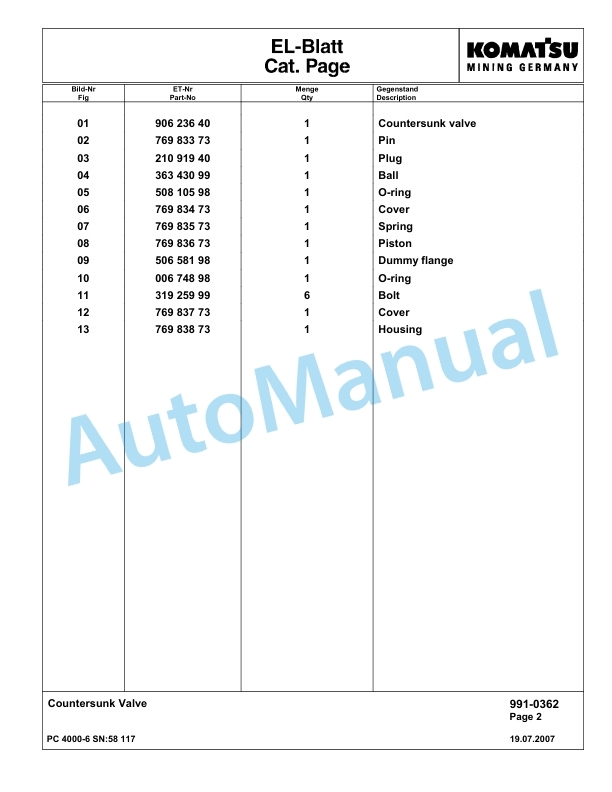 Komatsu PC4000-6 Hydraulic Excavator Parts Manual G58117-5