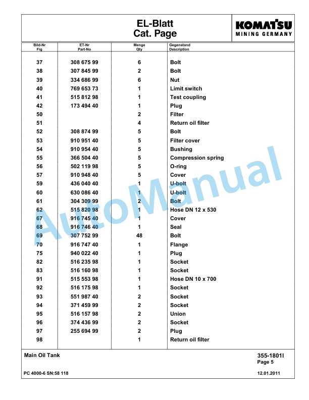Komatsu PC4000-6 Hydraulic Excavator Parts Manual G58118-2