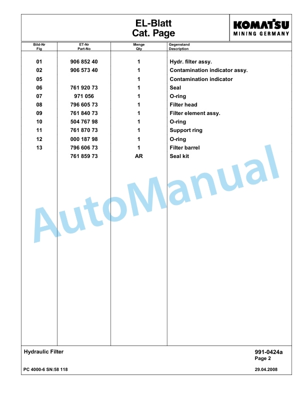 Komatsu PC4000-6 Hydraulic Excavator Parts Manual G58118-5