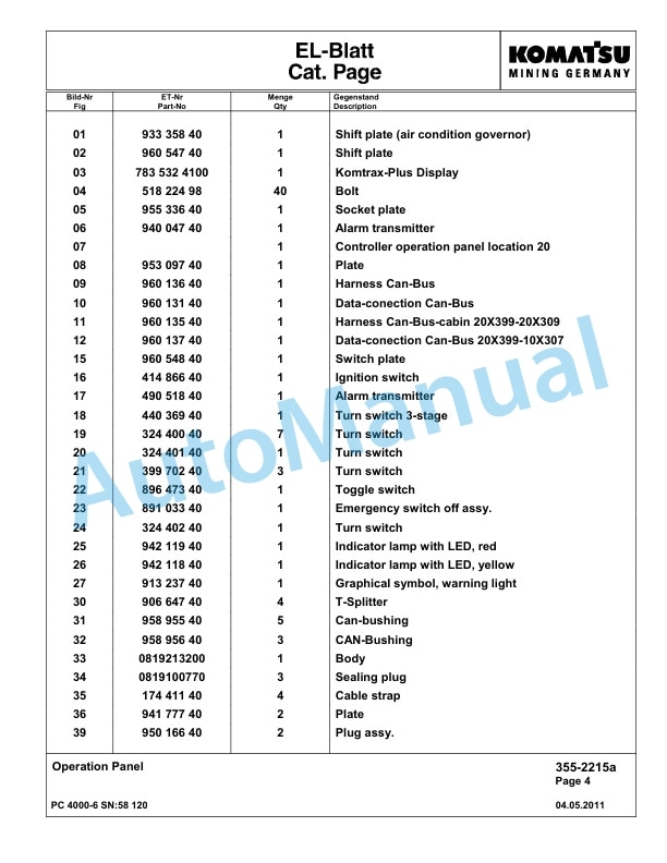 Komatsu PC4000-6 Hydraulic Excavator Parts Manual G58120-3