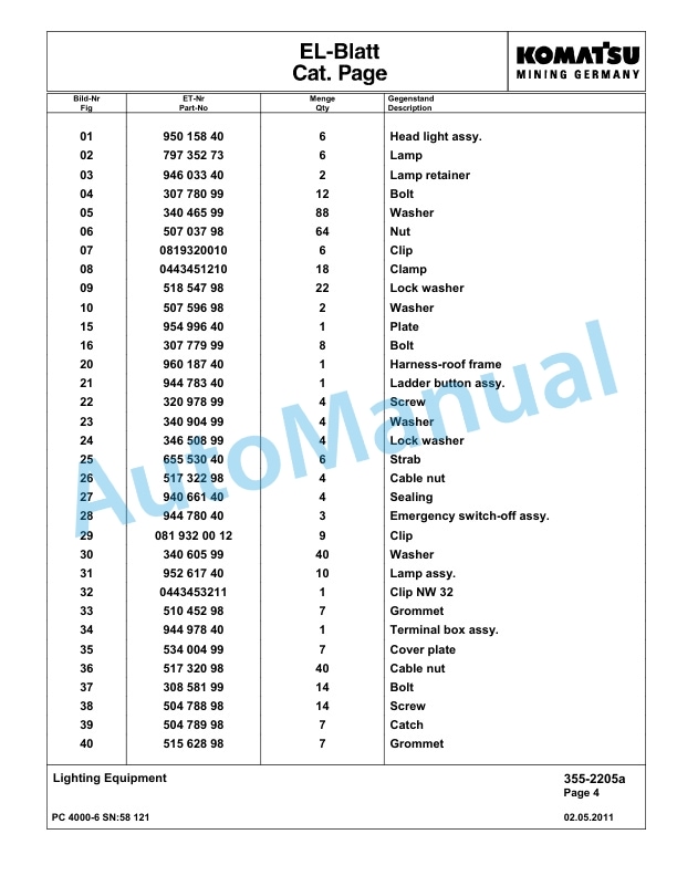 Komatsu PC4000-6 Hydraulic Excavator Parts Manual G58121-3