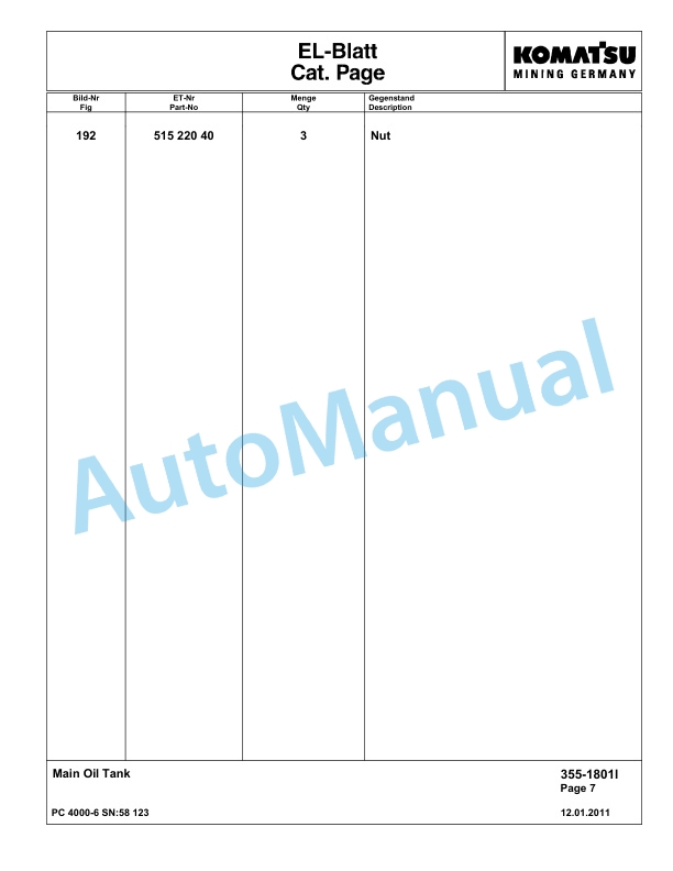 Komatsu PC4000-6 Hydraulic Excavator Parts Manual G58123-2