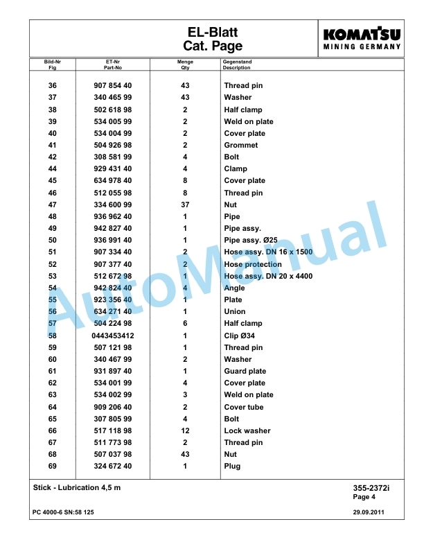 Komatsu PC4000-6 Hydraulic Excavator Parts Manual G58125-4