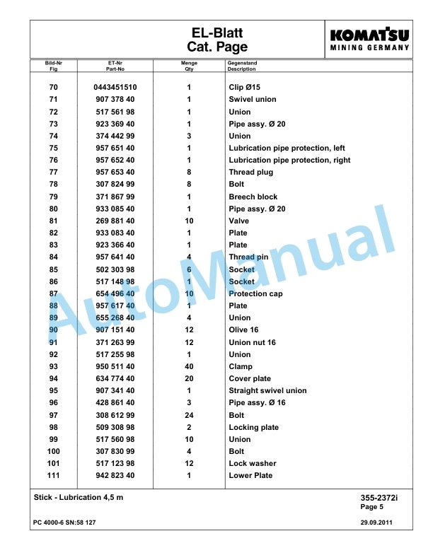 Komatsu PC4000-6 Hydraulic Excavator Parts Manual G58127-4