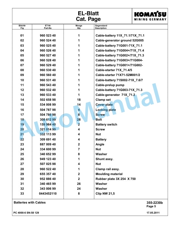 Komatsu PC4000-6 Hydraulic Excavator Parts Manual G58129-3