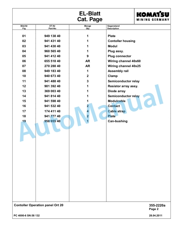 Komatsu PC4000-6 Hydraulic Excavator Parts Manual G58132-3