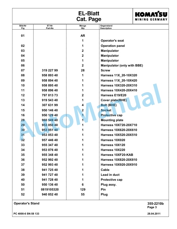 Komatsu PC4000-6 Hydraulic Excavator Parts Manual G58133-3