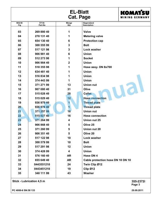 Komatsu PC4000-6 Hydraulic Excavator Parts Manual G58133-4