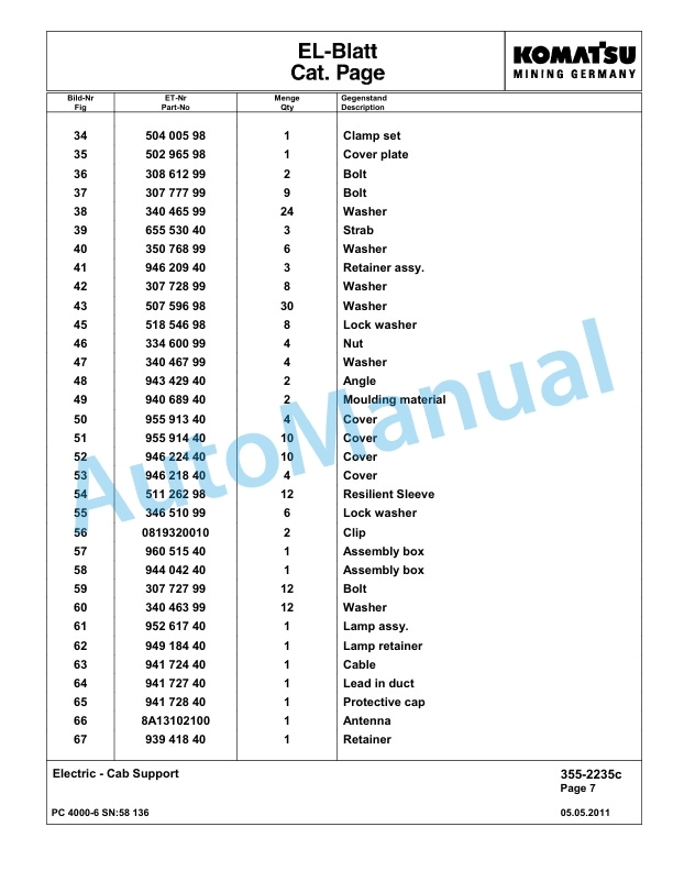 Komatsu PC4000-6 Hydraulic Excavator Parts Manual G58136-3