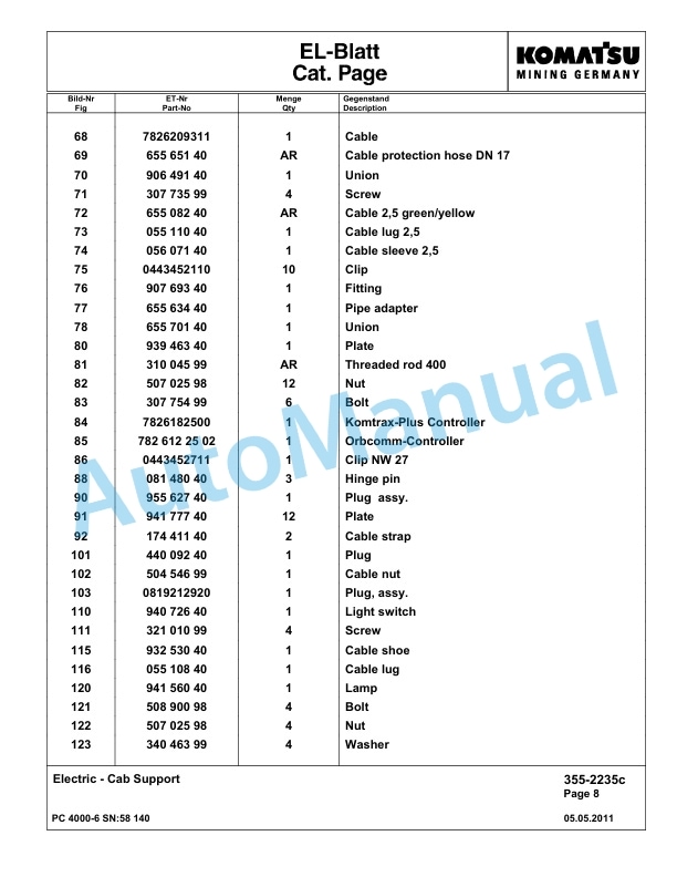 Komatsu PC4000-6 Hydraulic Excavator Parts Manual G58140-3