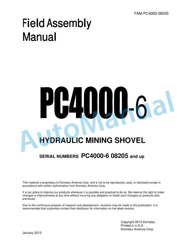 Komatsu PC4000-6 Hydraulic Mining Shovel Field Assembly Instruction FAM-PC4000-08205