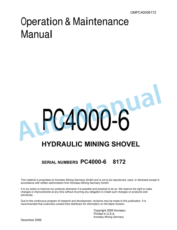 Komatsu PC4000-6 Hydraulic Mining Shovel Operation and Maintenance Manual OMPC40008172