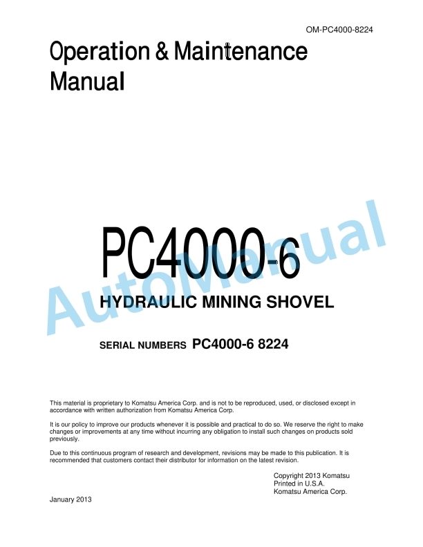 Komatsu PC4000-6 Hydraulic Mining Shovel Operation and Maintenance Manual OMPC40008224