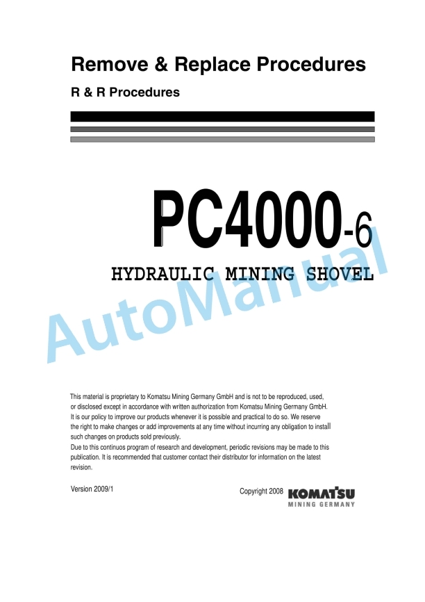 Komatsu PC4000-6 Hydraulic Mining Shovel Remove and Replace Procedures RRPC4000-6
