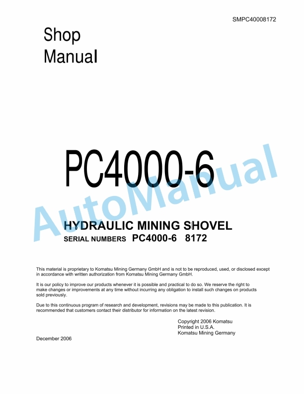 Komatsu PC4000-6 Hydraulic Mining Shovel Shop Manual SMPC40008172