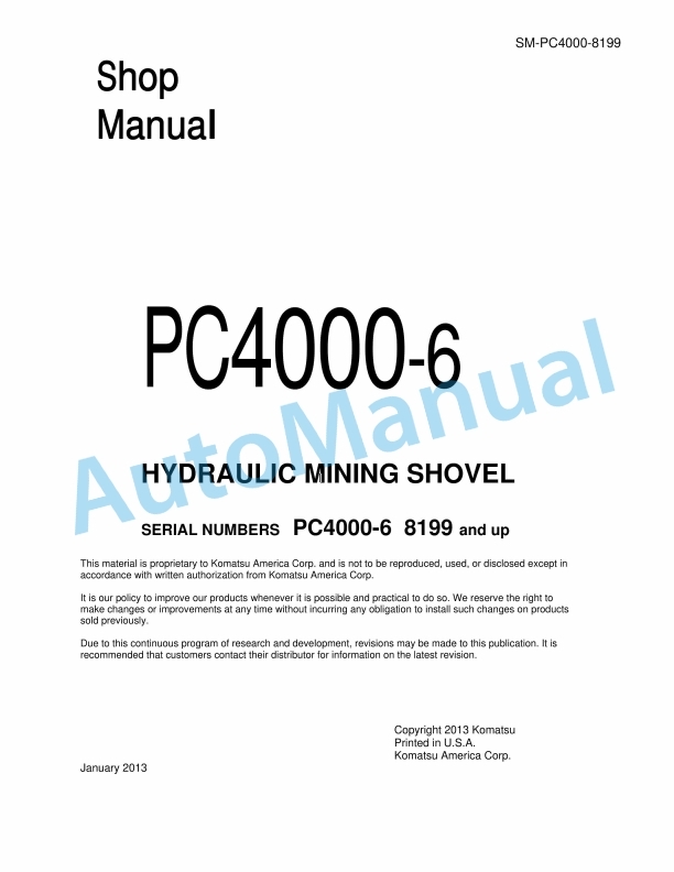 Komatsu PC4000-6 Hydraulic Mining Shovel Shop Manual SMPC40008199