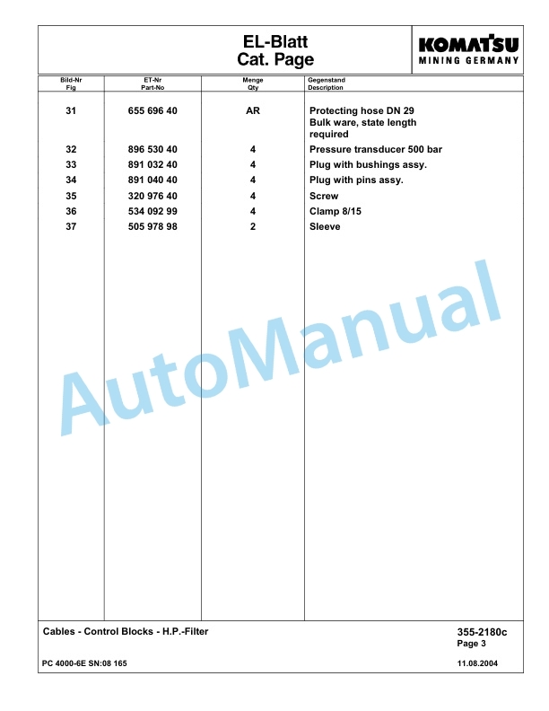 Komatsu PC4000-6E Hydraulic Excavator Parts Manual G08165-2