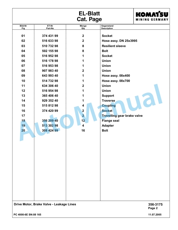 Komatsu PC4000-6E Hydraulic Excavator Parts Manual G08165-4