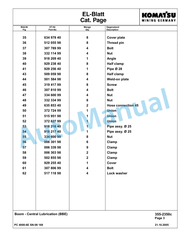 Komatsu PC4000-6E Hydraulic Excavator Parts Manual G08169-2