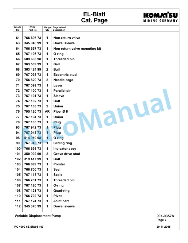 Komatsu PC4000-6E Hydraulic Excavator Parts Manual G08169-5