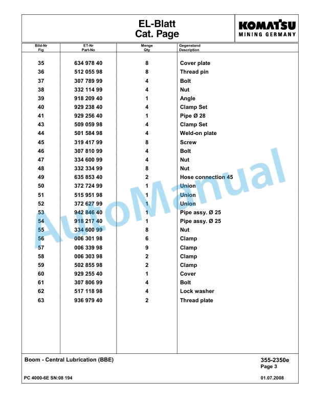 Komatsu PC4000-6E Hydraulic Excavator Parts Manual G08194-2