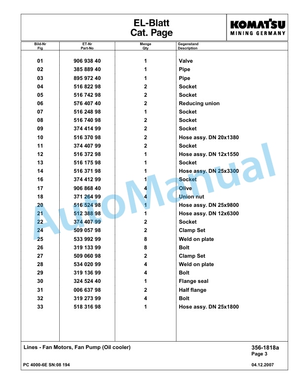 Komatsu PC4000-6E Hydraulic Excavator Parts Manual G08194-3