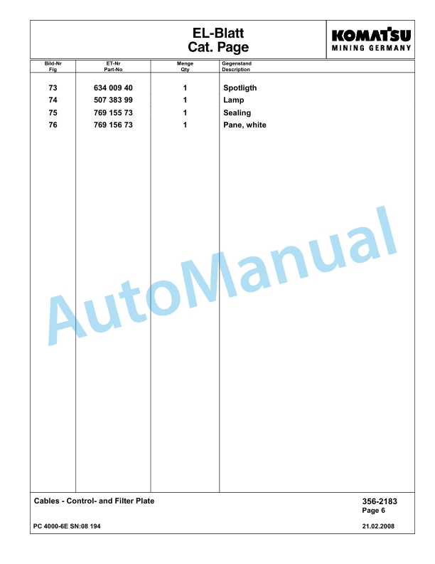 Komatsu PC4000-6E Hydraulic Excavator Parts Manual G08194-4