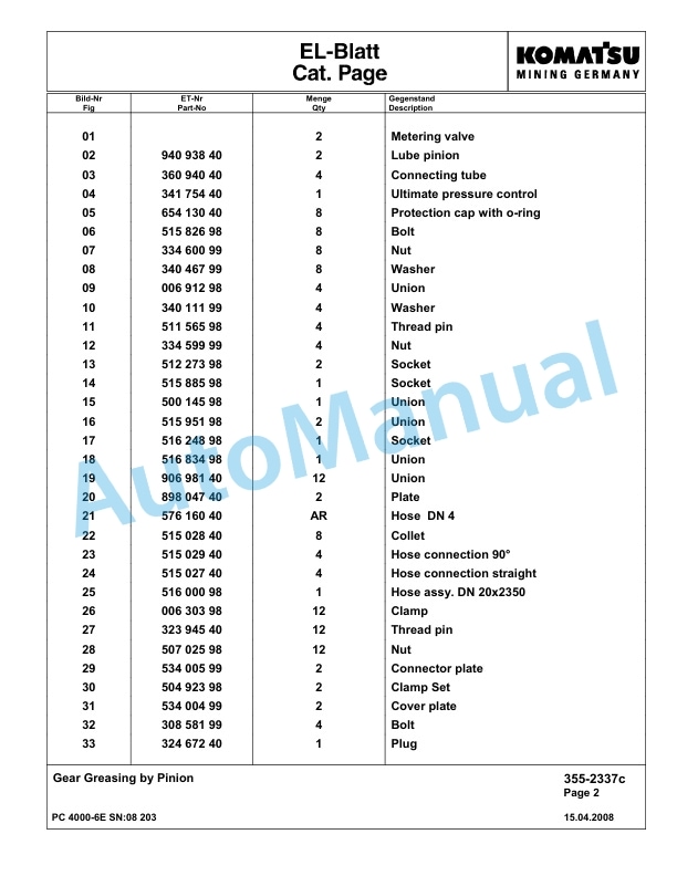 Komatsu PC4000-6E Hydraulic Excavator Parts Manual G08203-2