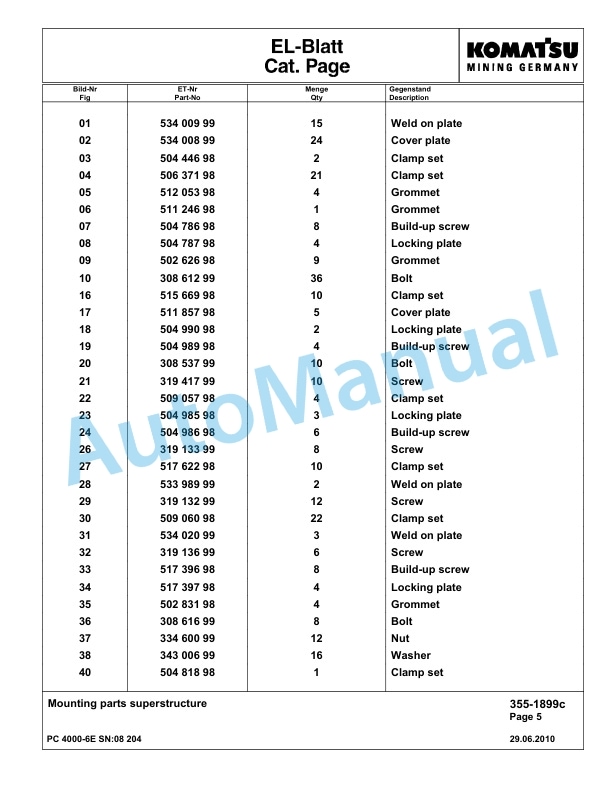 Komatsu PC4000-6E Hydraulic Excavator Parts Manual G08204-2