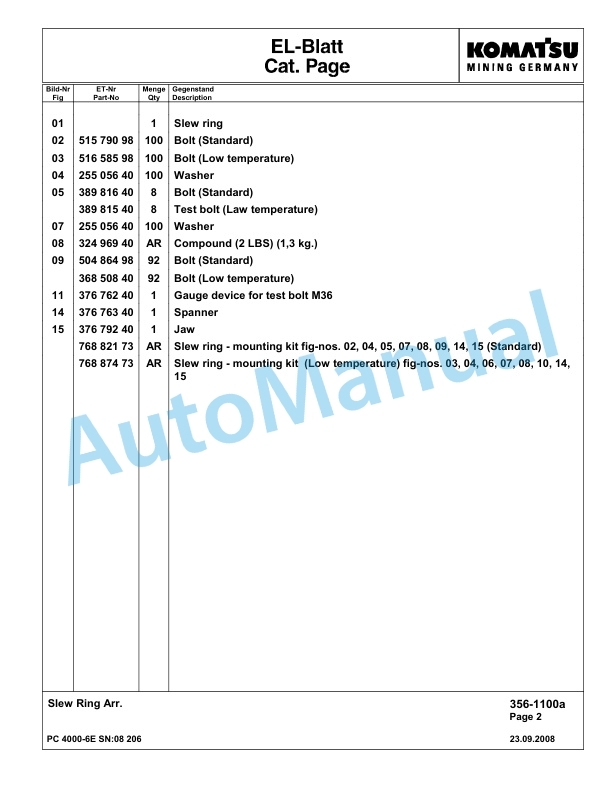 Komatsu PC4000-6E Hydraulic Excavator Parts Manual G08206-3