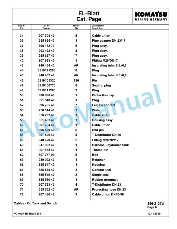 Komatsu PC4000-6E Hydraulic Excavator Parts Manual G08206-4