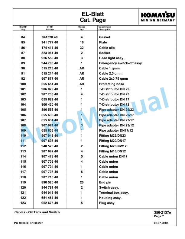 Komatsu PC4000-6E Hydraulic Excavator Parts Manual G08207-4