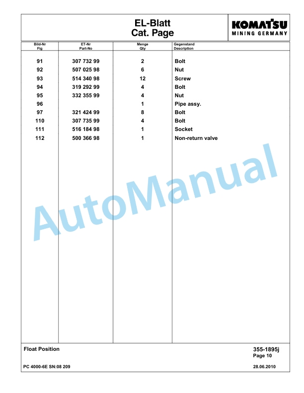 Komatsu PC4000-6E Hydraulic Excavator Parts Manual G08209-2