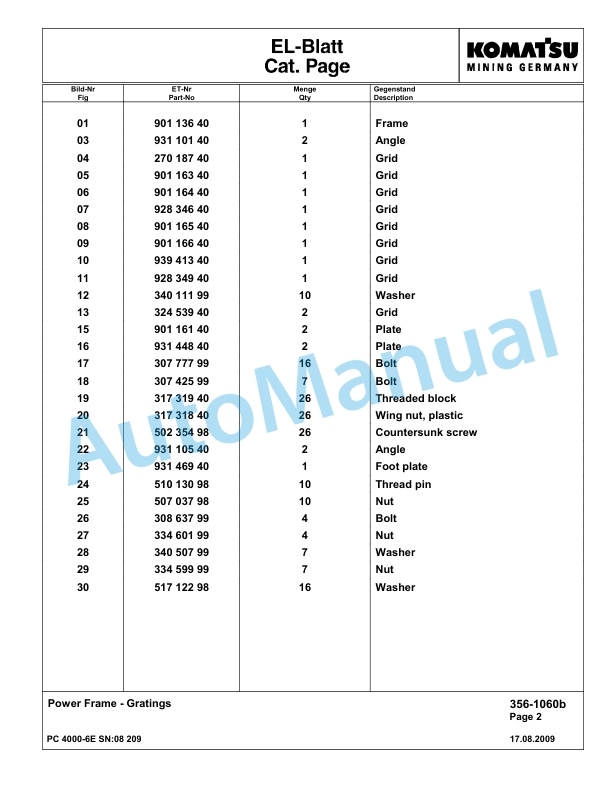 Komatsu PC4000-6E Hydraulic Excavator Parts Manual G08209-3
