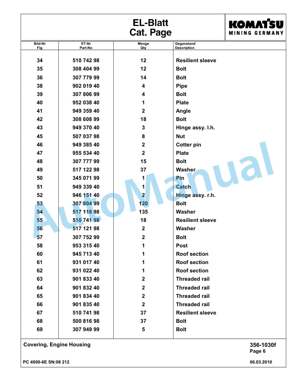 Komatsu PC4000-6E Hydraulic Excavator Parts Manual G08212-3