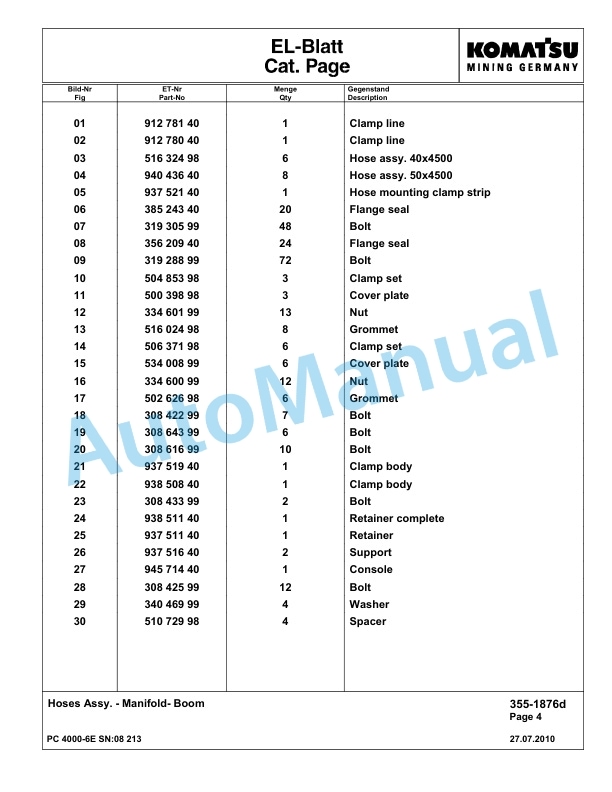 Komatsu PC4000-6E Hydraulic Excavator Parts Manual G08213-2