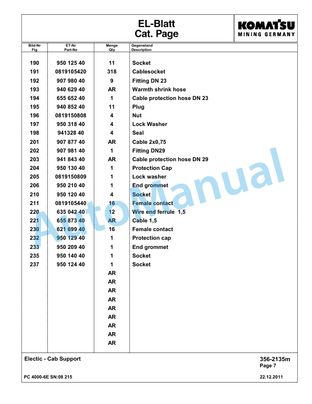 Komatsu PC4000-6E Hydraulic Excavator Parts Manual G08215-4