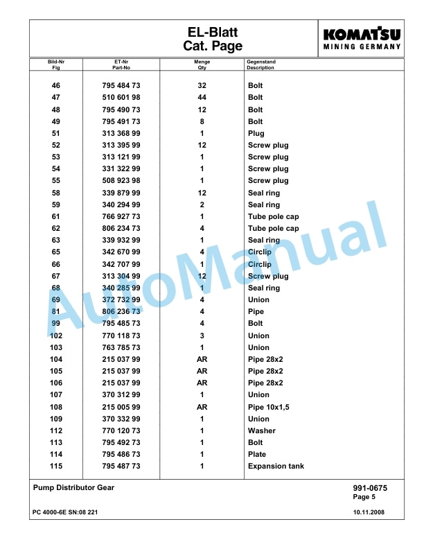 Komatsu PC4000-6E Hydraulic Excavator Parts Manual G08221-5