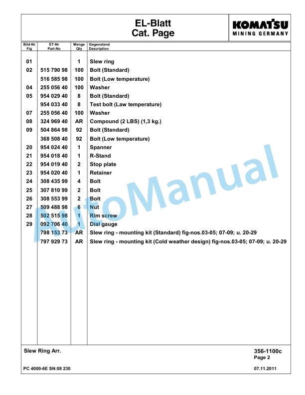 Komatsu PC4000-6E Hydraulic Excavator Parts Manual G08230-3